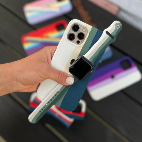 Силиконовый чехол для iPhone 13 Pro Max RAINBOW-White/Green