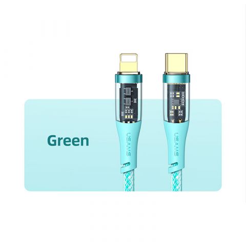Прозрачный кабель Usams (US-SJ573) Type-C to Lightning iPhone PD 20W Transparent Data Cable-Green