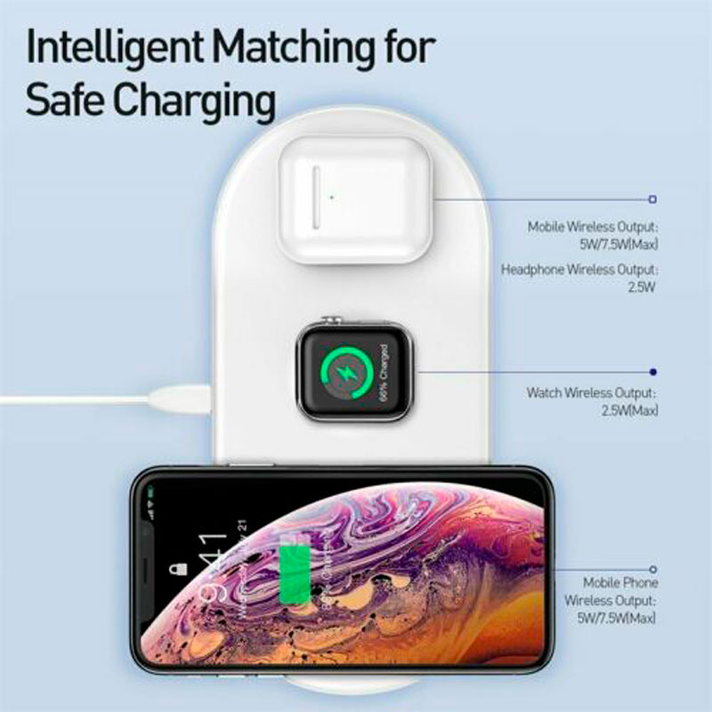 Беспроводная зарядка Baseus Smart 3in1 iPhone+iWatch+AirPods 18W White фото 2